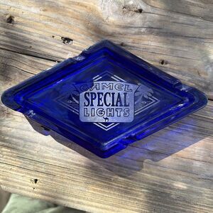 Vintage CAMEL Special Lights ASHTRAY  7.5" Diamond Shape Cobalt Blue Glass